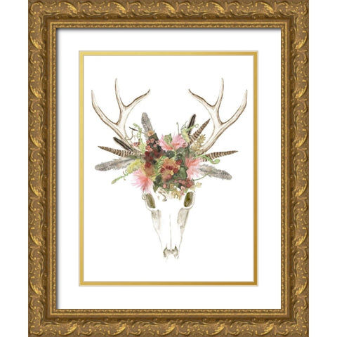 Deer Skull and Flowers I Gold Ornate Wood Framed Art Print with Double Matting by McCavitt, Naomi