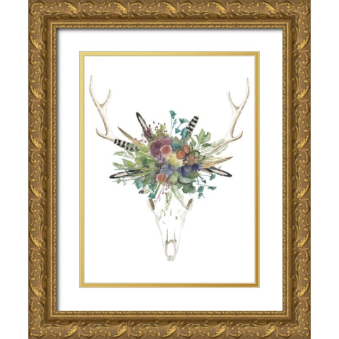 Deer Skull and Flowers II Gold Ornate Wood Framed Art Print with Double Matting by McCavitt, Naomi