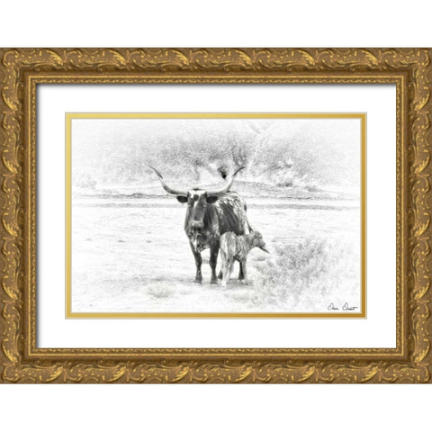 Longhorn and Baby Gold Ornate Wood Framed Art Print with Double Matting by Drost, David