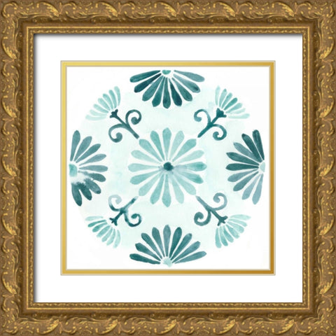 Aqua Medallions I Gold Ornate Wood Framed Art Print with Double Matting by Vess, June Erica