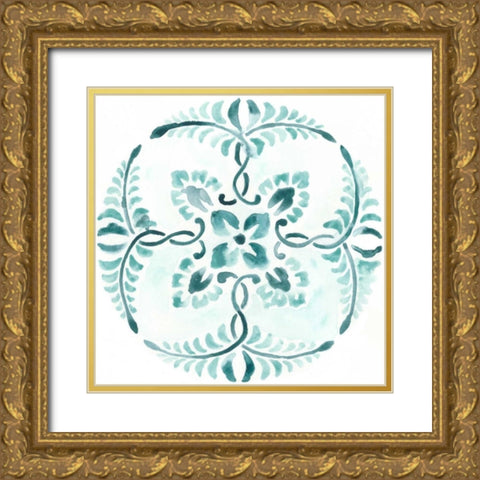 Aqua Medallions VI Gold Ornate Wood Framed Art Print with Double Matting by Vess, June Erica