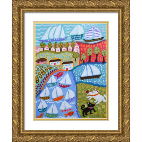Dogs and Sailboats Gold Ornate Wood Framed Art Print with Double Matting by Fields, Karen