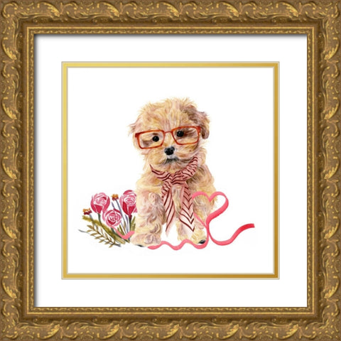 Valentine Puppy II Gold Ornate Wood Framed Art Print with Double Matting by Wang, Melissa