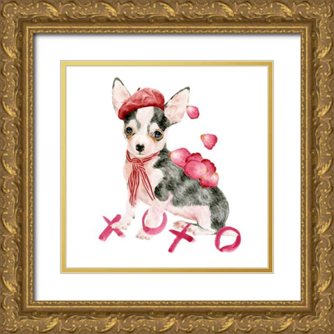 Valentine Puppy III Gold Ornate Wood Framed Art Print with Double Matting by Wang, Melissa
