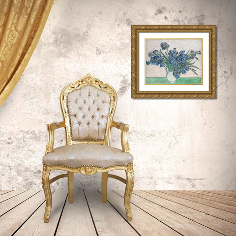 Irises Gold Ornate Wood Framed Art Print with Double Matting by Van Gogh, Vincent
