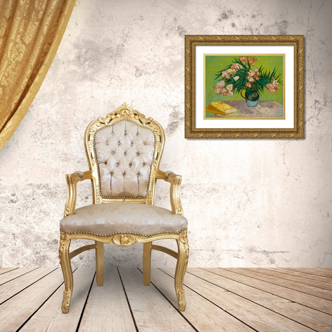 Oleanders Gold Ornate Wood Framed Art Print with Double Matting by Van Gogh, Vincent