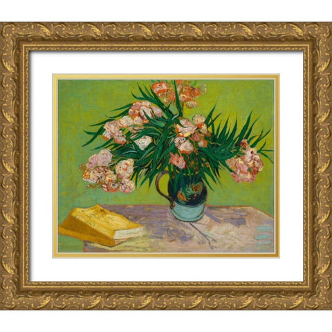 Oleanders Gold Ornate Wood Framed Art Print with Double Matting by Van Gogh, Vincent