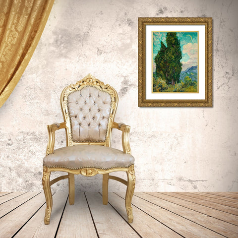 Cypresses I Gold Ornate Wood Framed Art Print with Double Matting by Van Gogh, Vincent