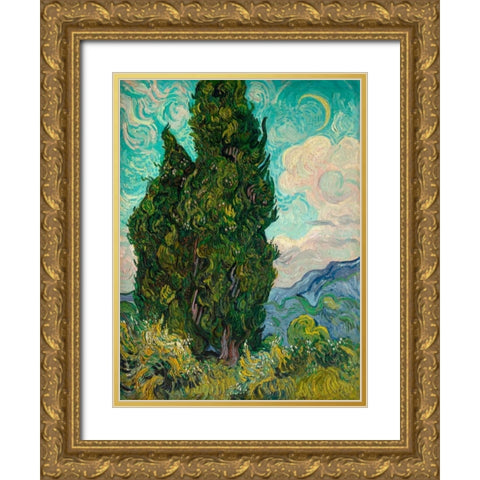 Cypresses I Gold Ornate Wood Framed Art Print with Double Matting by Van Gogh, Vincent