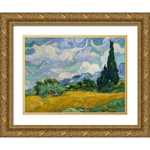 Cypresses II Gold Ornate Wood Framed Art Print with Double Matting by Van Gogh, Vincent