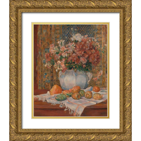 Still Life with Flowers and Prickly Pears Gold Ornate Wood Framed Art Print with Double Matting by Renoir, Pierre-Auguste