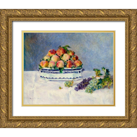 Still Life with Peaches and Grapes Gold Ornate Wood Framed Art Print with Double Matting by Renoir, Pierre-Auguste