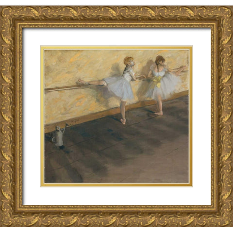 Dancers Practicing at the Barre Gold Ornate Wood Framed Art Print with Double Matting by Degas, Edgar
