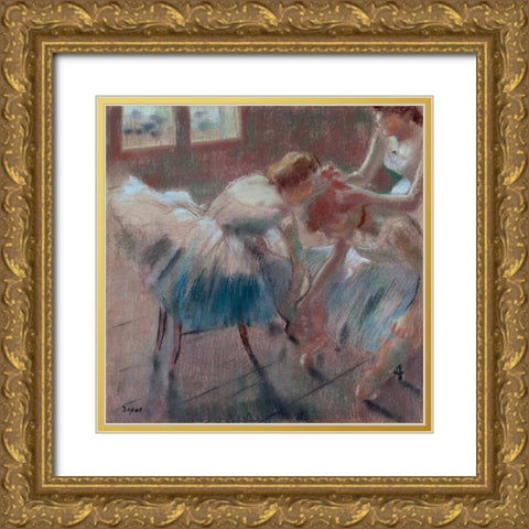 Three Dancers Preparing for Class Gold Ornate Wood Framed Art Print with Double Matting by Degas, Edgar