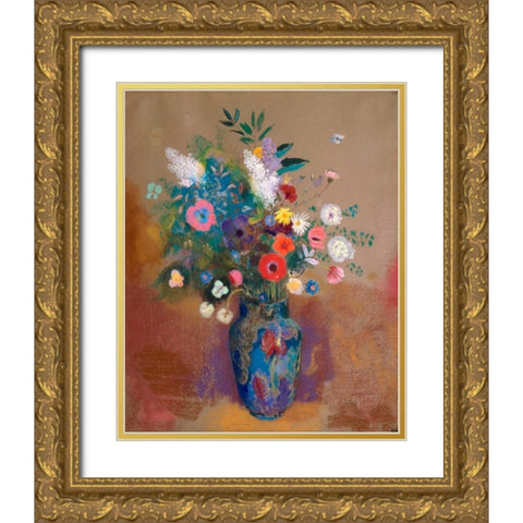 Bouquet of Flowers Gold Ornate Wood Framed Art Print with Double Matting by Redon, Odilon