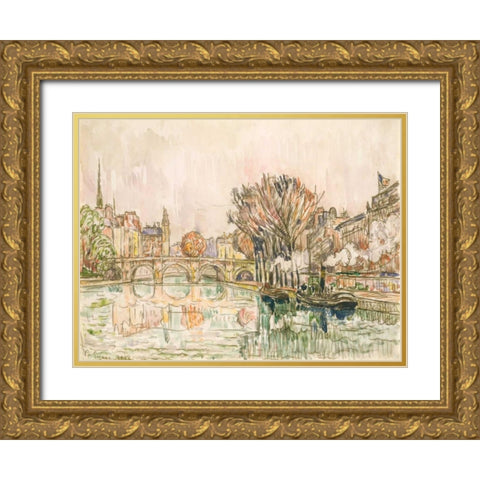 The Pont Neuf, Paris Gold Ornate Wood Framed Art Print with Double Matting by Signac, Paul