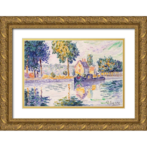 View of the Seine, Samois Gold Ornate Wood Framed Art Print with Double Matting by Signac, Paul