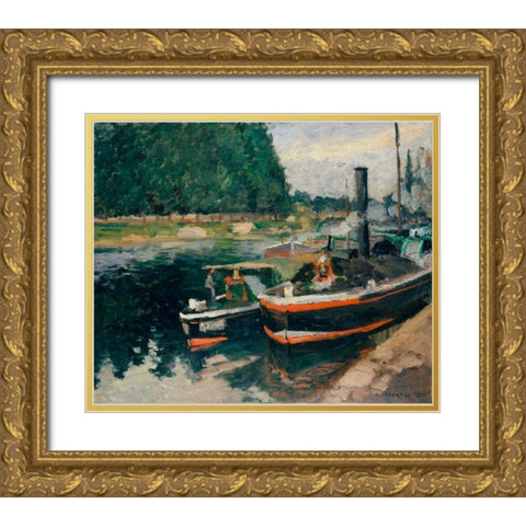 Barges at Pontoise Gold Ornate Wood Framed Art Print with Double Matting by Pissarro, Camille