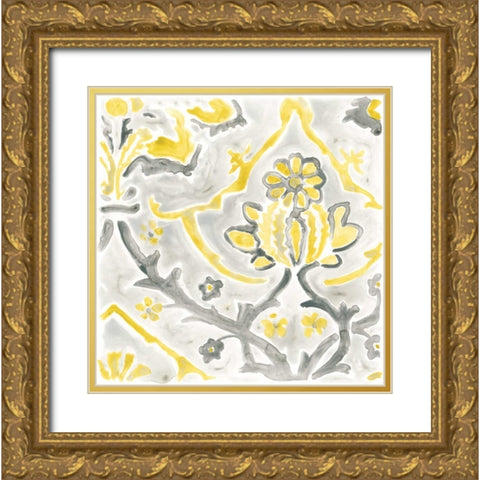 Citron Damask Tile I Gold Ornate Wood Framed Art Print with Double Matting by Vess, June Erica