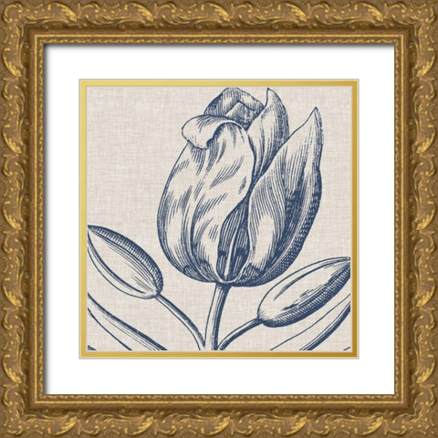 Indigo Floral on Linen IV Gold Ornate Wood Framed Art Print with Double Matting by Vision Studio