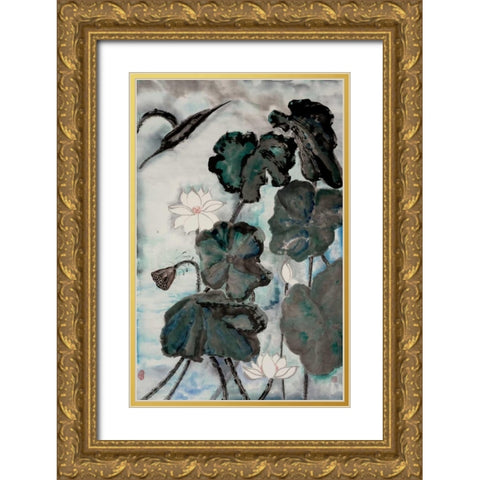 Lotus Study with Blue Green I Gold Ornate Wood Framed Art Print with Double Matting by Rae, Nan