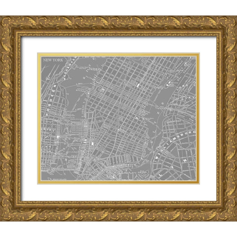 Custom Grey Map of New York Gold Ornate Wood Framed Art Print with Double Matting by Vision Studio