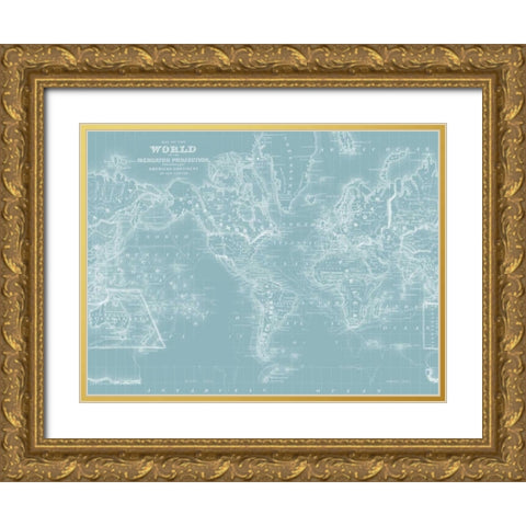 World Map on Aqua Gold Ornate Wood Framed Art Print with Double Matting by Mitchell
