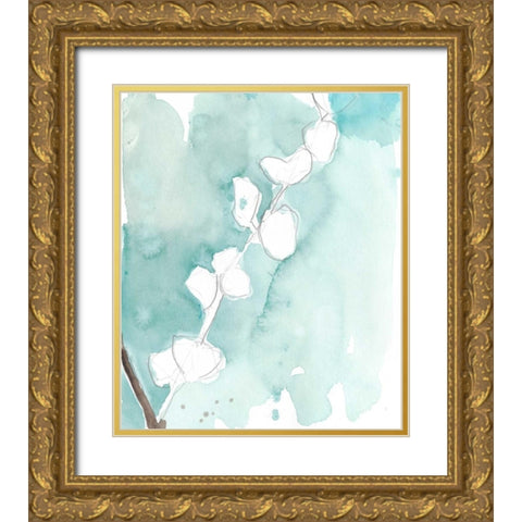 Ginkgo on Dusty Teal V Gold Ornate Wood Framed Art Print with Double Matting by Goldberger, Jennifer