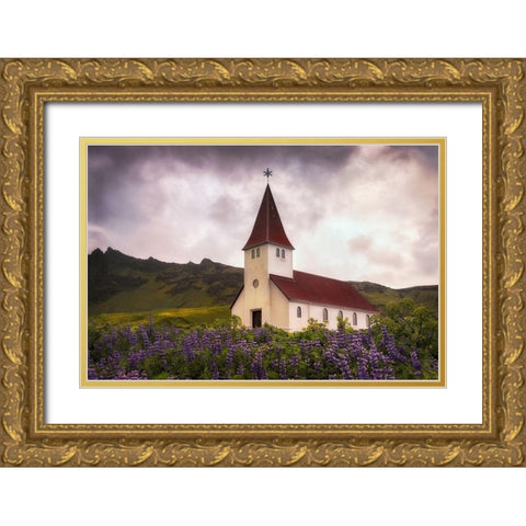White Church Gold Ornate Wood Framed Art Print with Double Matting by Head, Danny
