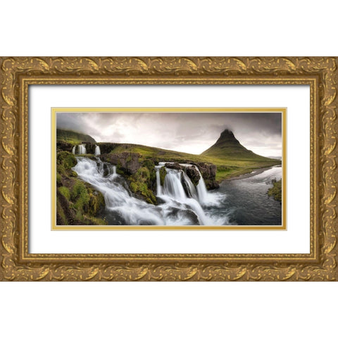 Kirkjufellfoss Panorama Gold Ornate Wood Framed Art Print with Double Matting by Head, Danny