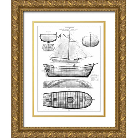 Custom Antique Ship Blueprint in BW II Gold Ornate Wood Framed Art Print with Double Matting by Vision Studio