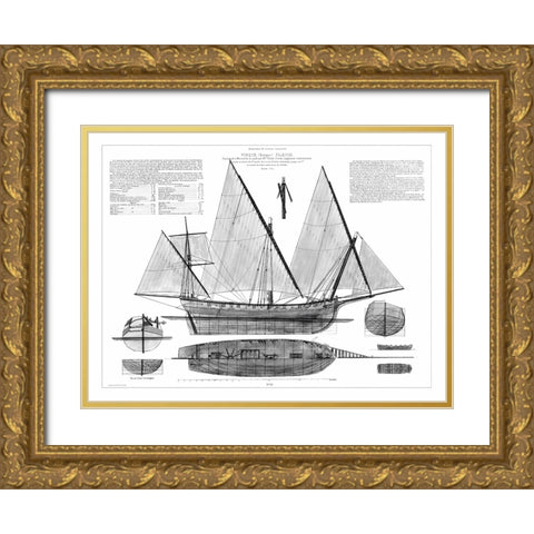 Custom Antique Ship Blueprint in BW III Gold Ornate Wood Framed Art Print with Double Matting by Vision Studio