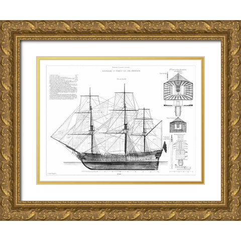 Custom Antique Ship Blueprint in BW IV Gold Ornate Wood Framed Art Print with Double Matting by Vision Studio