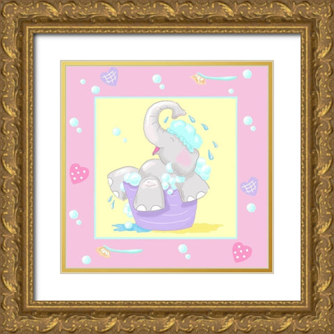Baby Elephant Bath III Gold Ornate Wood Framed Art Print with Double Matting by Reynolds, Jade