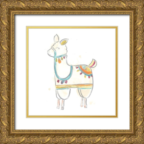 Blockprint Llama III Gold Ornate Wood Framed Art Print with Double Matting by Vess, June Erica