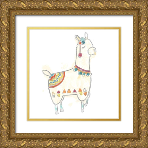 Blockprint Llama IV Gold Ornate Wood Framed Art Print with Double Matting by Vess, June Erica