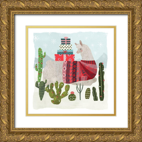 Holiday Llama III Gold Ornate Wood Framed Art Print with Double Matting by Borges, Victoria