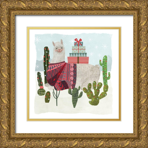 Holiday Llama IV Gold Ornate Wood Framed Art Print with Double Matting by Borges, Victoria