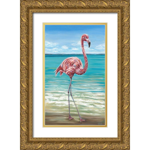 Beach Walker Flamingo I Gold Ornate Wood Framed Art Print with Double Matting by Vitaletti, Carolee