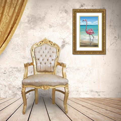 Beach Walker Flamingo II Gold Ornate Wood Framed Art Print with Double Matting by Vitaletti, Carolee