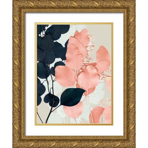 Indigo and Blush Leaves II Gold Ornate Wood Framed Art Print with Double Matting by Goldberger, Jennifer