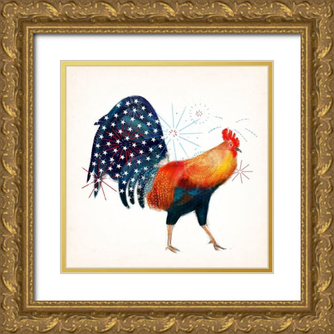 Rooster Fireworks II Gold Ornate Wood Framed Art Print with Double Matting by Borges, Victoria