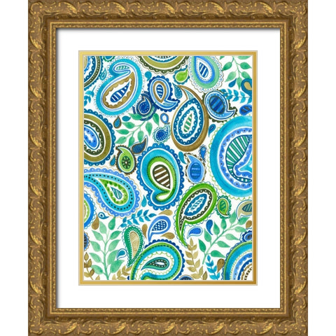 Blue and Green Paisley I Gold Ornate Wood Framed Art Print with Double Matting by Moore, Regina