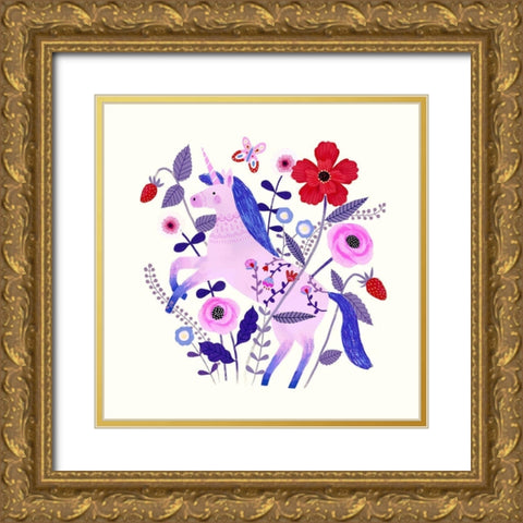 Folk Unicorn II Gold Ornate Wood Framed Art Print with Double Matting by Borges, Victoria