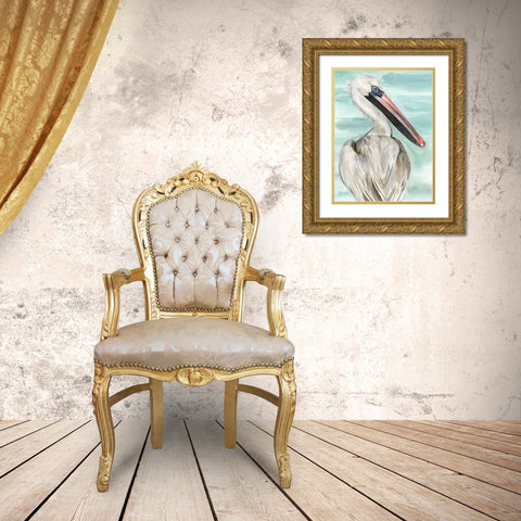 Turquoise Pelican I Gold Ornate Wood Framed Art Print with Double Matting by Parker, Jennifer Paxton