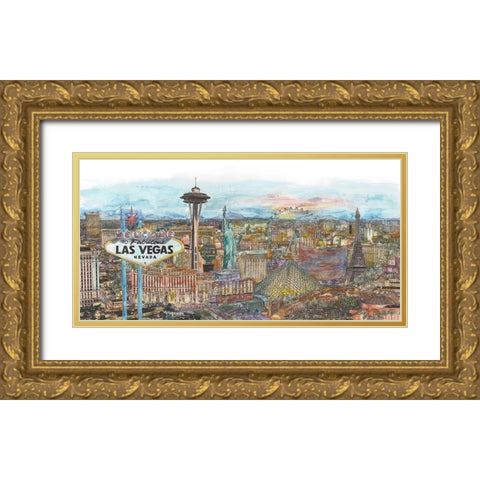 Vegas Skyline in Color Gold Ornate Wood Framed Art Print with Double Matting by Wang, Melissa