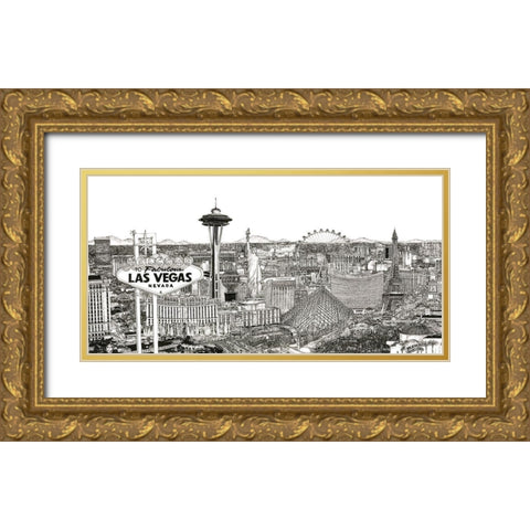 Vegas Skyline in BandW Gold Ornate Wood Framed Art Print with Double Matting by Wang, Melissa