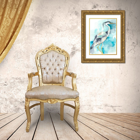 Heron Splash I Gold Ornate Wood Framed Art Print with Double Matting by Goldberger, Jennifer