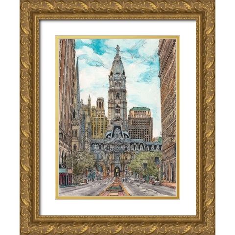 US Cityscape-Philadelphia Gold Ornate Wood Framed Art Print with Double Matting by Wang, Melissa