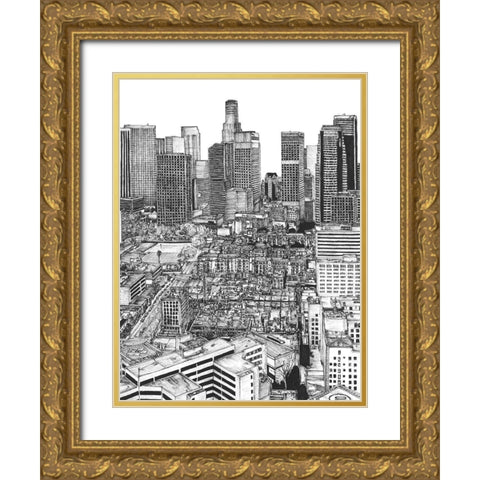 BandW Us Cityscape-Los Angeles Gold Ornate Wood Framed Art Print with Double Matting by Wang, Melissa